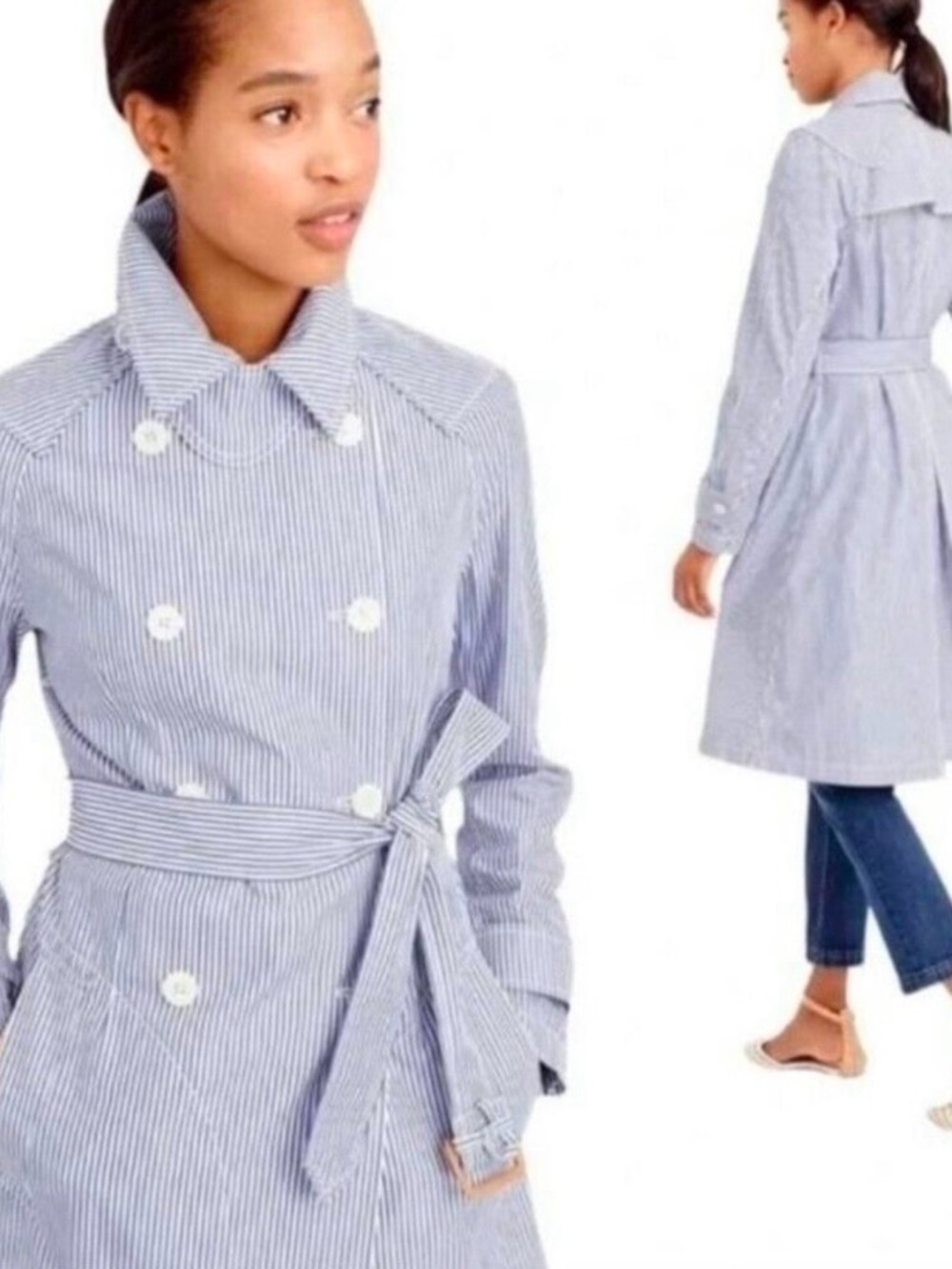 J. Crew Blue & White Striped Cotton Shirting Double Breasted Trench Coat Size: 4